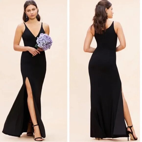 New Dress The Population Iris V-Neck Side Slit Crepe Black Evening Gown NWT XL - Picture 1 of 9
